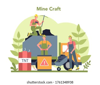 Coal or minerals mining concept. Worker in uniform and helmet with pickaxe, jackhammer and wheelbarrow working underground. Extraction industry profession. Isolated flat vector illustration