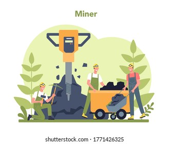Coal or minerals mining concept. Worker in uniform and helmet with pickaxe, jackhammer and wheelbarrow working underground. Extraction industry profession. Isolated flat vector illustration