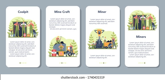 Juego de banners para aplicaciones móviles de minería de carbón o minerales. Trabajador con uniforme y casco con pickaxe, jackhammer y carretilla trabajando bajo tierra. La profesión de la industria extractora. Ilustración del vector