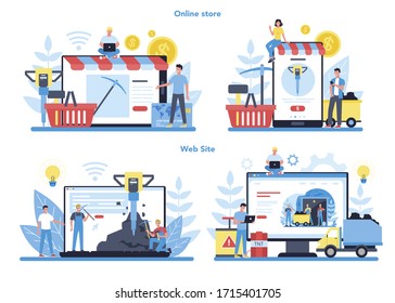 Coal or minerals mining online service or platform on differernt device concept set. Worker in uniform and helmet with pickaxe, jackhammer and wheelbarrow working underground. Vector illustration
