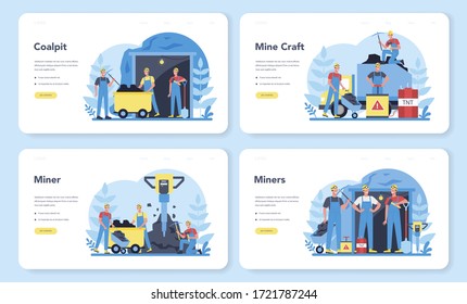 Coal or minerals mining web banner or landing page set. Worker in uniform and helmet with pickaxe, jackhammer and wheelbarrow working underground. Extraction industry profession. Vector illustration