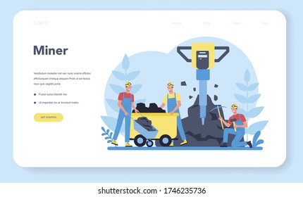 Coal or minerals mining web banner or landing page. Worker in uniform and helmet with pickaxe, jackhammer and wheelbarrow working underground. Extraction industry profession. Vector illustration