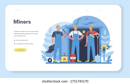 Coal or minerals mining web banner or landing page. Worker in uniform and helmet with pickaxe, jackhammer and wheelbarrow working underground. Extraction industry profession. Vector illustration