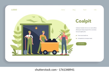 Coal or minerals mining web banner or landing page. Worker in uniform and helmet with pickaxe, jackhammer and wheelbarrow working underground. Extraction industry profession. Vector illustration