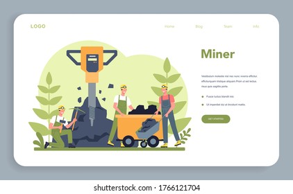 Coal or minerals mining web banner or landing page. Worker in uniform and helmet with pickaxe, jackhammer and wheelbarrow working underground. Extraction industry profession. Vector illustration