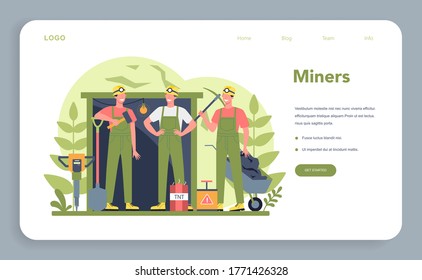 Banner web sobre minería de carbón o minerales o página de aterrizaje. Trabajador con uniforme y casco con pickaxe, jackhammer y carretilla trabajando bajo tierra. La profesión de la industria extractora. Ilustración del vector
