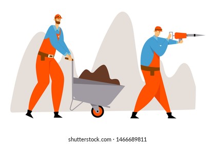 Coal or Minerals Mining, Workers in Uniform and Helmets with Jackhammer and Wheelbarrow with Soil. Miners at Work. Extraction Industry Profession Working Occupation. Cartoon Flat Vector Illustration