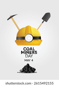 Coal Miners Day May 4 safety light helmet with tools vector poster