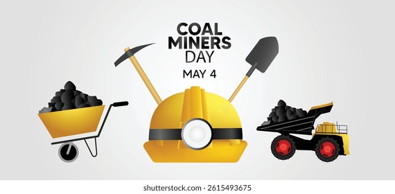 Coal Miners Day May 4 safety light helmet with tools vector poster