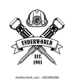 Coal miners job emblem vector illustration. Crossed jackhammer picks, hardhat with headlight, text underworld on ribbon. Coal mining company concept for emblems and badges templates