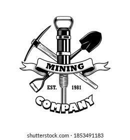 Coal miners tools vector illustration. Crossed twibill, shovel, jackhammer pick, text on ribbon. Coal mining company concept for emblems and badges templates