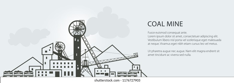 Coal Mining Banner, Complex Industrial Facilities with Spoil Tip and with Rail Cars, Coal Industry, Poster Brochure Flyer Design, Vector Illustration