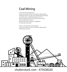 Coal Mining, Complex Industrial Facilities with Spoil Tip and with Rail Cars, Coal Industry, Poster Brochure Flyer Design, Vector Illustration 