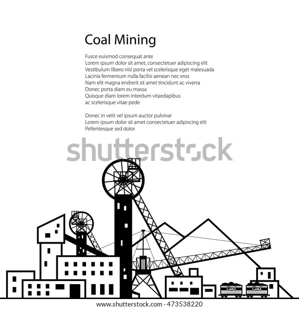 Coal Mining, Complex Industrial Facilities\
with Spoil Tip and with Rail Cars, Coal Industry, Poster Brochure\
Flyer Design, Vector Illustration\
