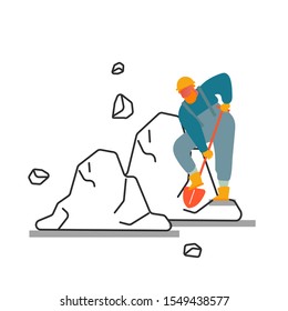 Concepto De Minería De Carbón. Carácter menor en el trabajo de rollo y casco en cantera con Carbón de herramientas con pala en fondo blanco. Industria de la extracción. Ilustración de vectores planos de caricatura, arte de línea