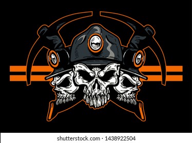 coal mining design with three skulls with crossed pickaxes and hard hats