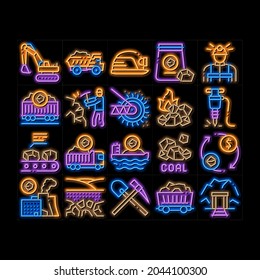 Coal Mining Equipment neon light sign vector. Glowing bright icon  Coal Truck Delivery And Conveyer, Helmet And Jackhammer, Excavator And Factory Illustrations