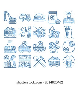 Coal Mining Equipment sketch icon vector. Hand drawn blue doodle line art Coal Truck Delivery And Conveyer, Helmet And Jackhammer, Excavator And Factory Illustrations