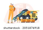 Coal Mining, Extraction Industry Concept. Miner Character Loading Coal in Truck. Engineers Work on Quarry with Transport and Technique, Fossil Industrial Production. Cartoon People Vector Illustration