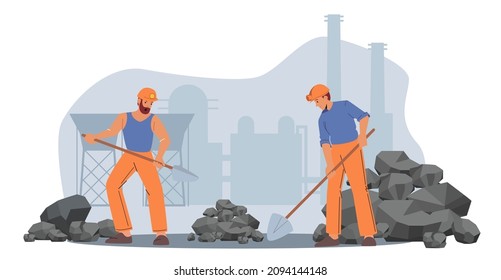 Coal Mining, Extraction Industry Concept. Miners Male Characters Work on Quarry with Tools, Digging Coal on Background with Factory Pipes. Hard Working Men Wear Uniform. Cartoon Vector Illustration