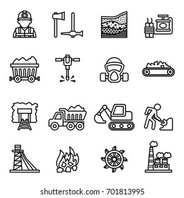 Coal Mining Factory Industry Icons Set.  Line Style Stock Vector.