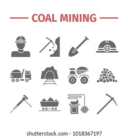Coal mining. Flat icon set.