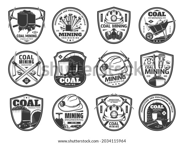 Coal mining icons. Mining industry, fossil fuel\
production and mining engineering vintage symbols or vector badges\
with miner pickaxe, hard hat helmet and gas mask, jackhammer, mine\
cart with coal