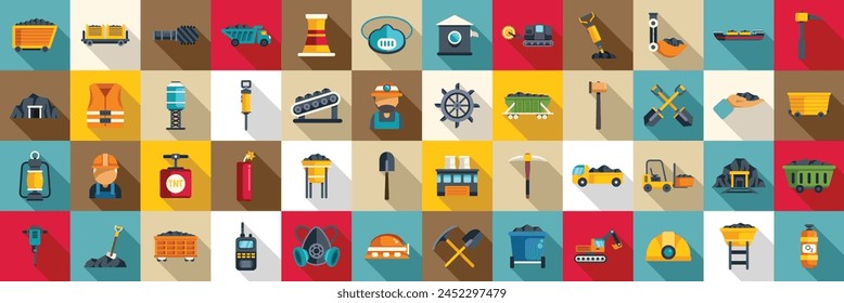 Coal mining icons set flat vector. Mine factory. Rock energy fossil