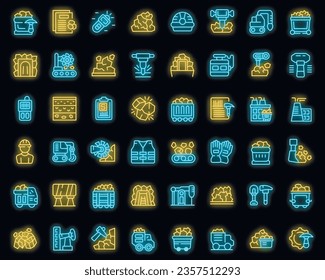 Coal mining icons set outline vector. Industry mine. Factory plant neon color on black