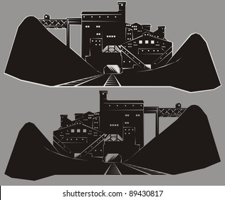 Coal mining industrial facility outline - black and white vector cartoon illustration set