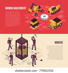 Coal mining industrial workers equipment and machinery  isometric horizontal banners set with flowchart elements isolated vector illustration 