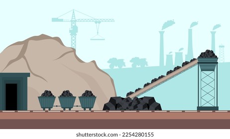 Coal mining industry conveyor and transportation set flat elements isolated building