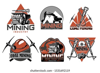 Coal mining industry icons with vector mining underground equipment, tools and machines. Pick axe, helmet and truck, drill, excavator and jackhammer symbols. Mining company emblems and badges design