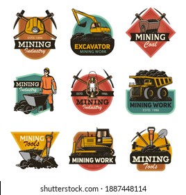 Coal mining industry isolated vector icons set Mine machinery and miner equipment tools. Metal ore, coal, excavator or digger and bulldozer, jackhammer and pickaxe, man in hardhat with wheelbarrow