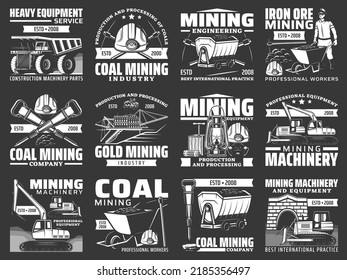 Coal Mining Industry Isolated Vector Icons With Mine Equipment, Miner Work Tools And Underground Machines. Truck, Helmet, Hard Hat, Hammer, Pickaxe, Excavator And Cart, Coal Pit, Dynamit And Oil Lamp