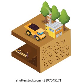 Concepto de ilustración vectorial plana isométrica de la industria de la minería del carbón para banner, sitio web, página de aterrizaje, anuncios, plantilla de volante, etc.