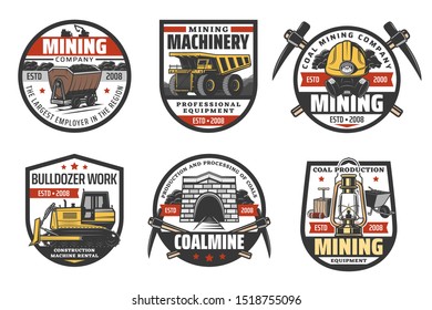 Coal mining industry and miner company vector icons. Mining equipment, bulldozer digger machinery, pickaxe or spade and coal wheelbarrow cart, miner safety helmet, trolley and dynamite