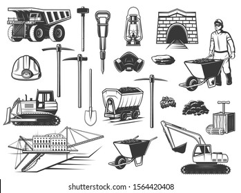 Symbole für Kohlebergbau, Bergbau und unterirdische Ausrüstung. Bergwerksarbeiter, Entladewagen und Helm, Pickaxe, Schaufel- und Erzgrube, Bagger, Bagger- und Schienenwagen, Öllampe und Dynamit