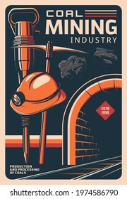 Afiche retro de la industria de la minería del carbón, mina de depósitos de mineral y metal, vector. Industria de la minería del carbón: herramientas de equipo para mineros, hardhat y pickax con perforación jackhammer en la mina subterránea de cantera