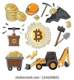Coal Mining Industry Set, Golden bitcoin digital currency. Working Miners, Transport, bitcoin on a white background