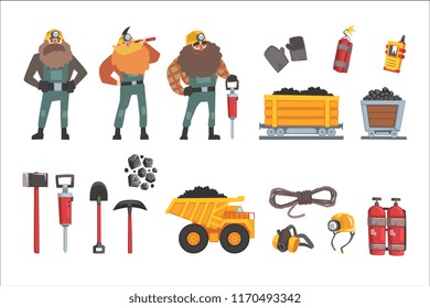 Coal mining industry set, working miners, transport, miner equipment and tools vector Illustration