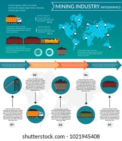 Coal mining industry and transportation set infographics elements isolated vector technics building