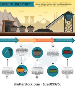 Coal mining industry and transportation set infographics elements isolated vector technics building