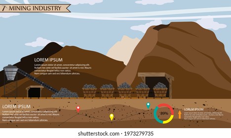 Coal mining industry and transportation set of infographics elements isolated vector technics building. Stone mining