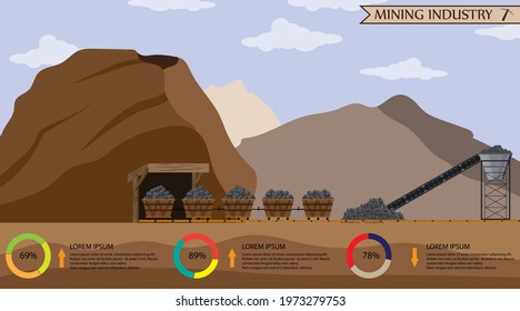 Coal mining industry and transportation set of infographics elements isolated vector technics building. Stone mining