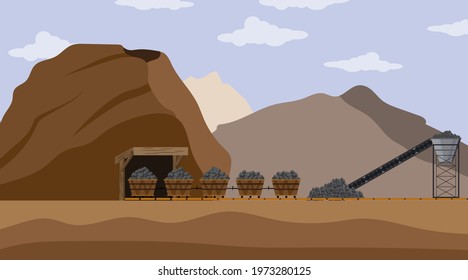 Coal mining industry and transportation set of infographics elements isolated vector technics building. Stone mining