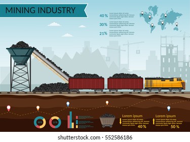 Coal mining industry and transportation set infographics elements isolated vector technics buildings