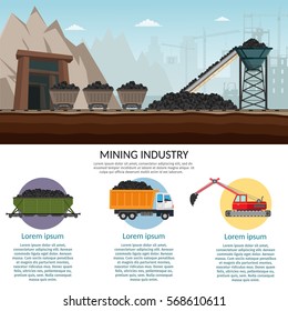 Coal mining industry and transportation set infographics elements isolated vector technics building