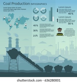 Coal mining industry and transportation set infographics elements isolated vector technics building