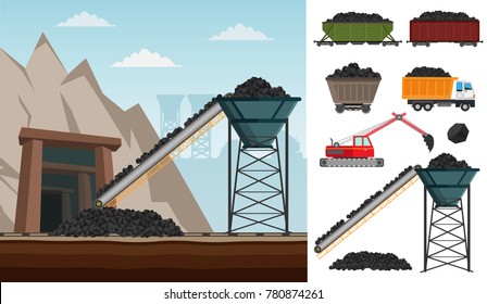 Coal mining industry and transportation set infographics elements isolated vector technics building